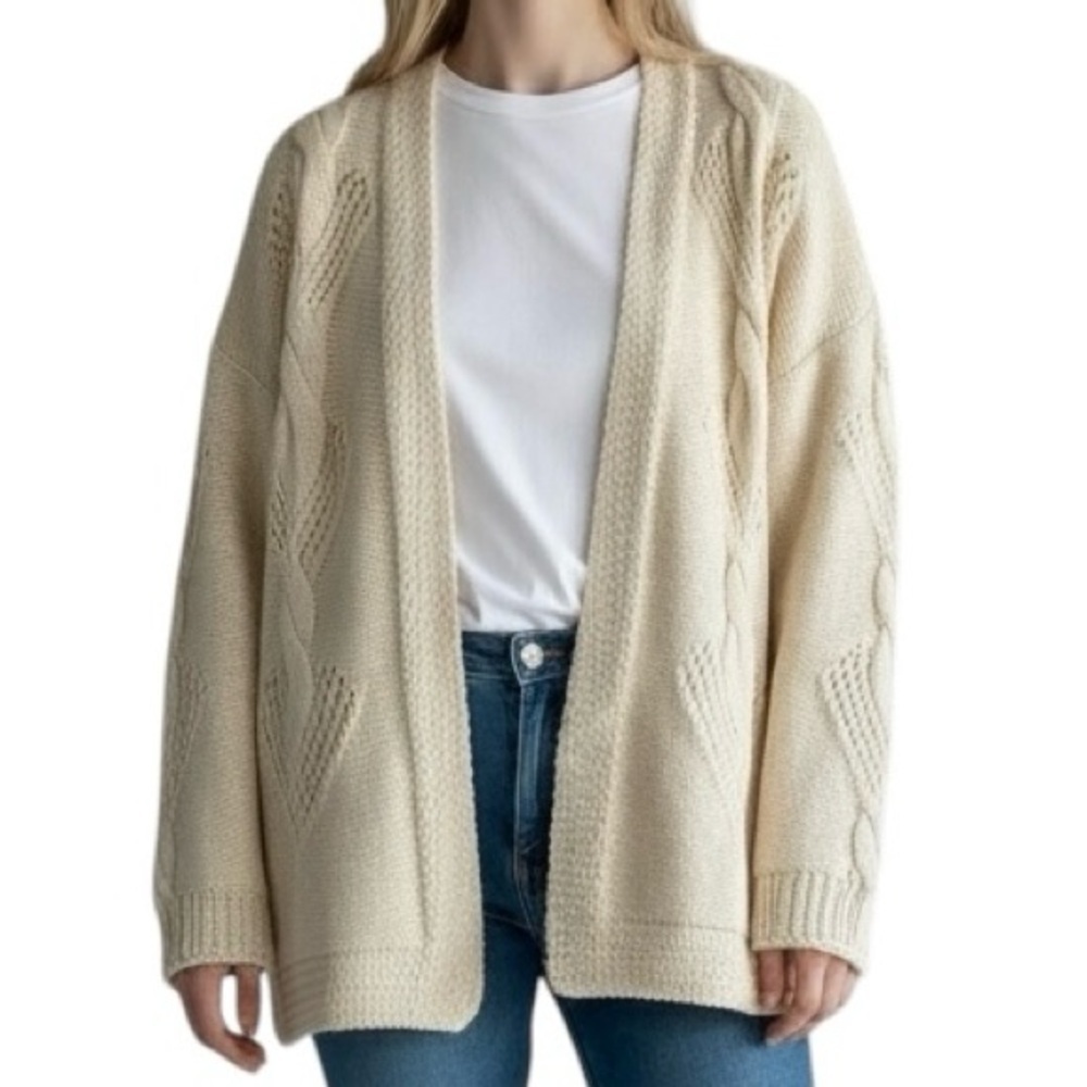 Irish Wool Open Cardigan Sweater Cream 100% Pure Wool Made in Ireland Women’s L